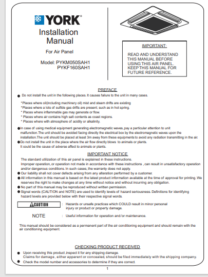 1050-Cassette Split Units T1, Fixed Speed Compressor, Cool Only (IOM)